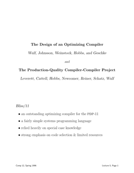 The Design of an Optimizing Compiler Wulf, Johnsson, Weinstock, Hobbs