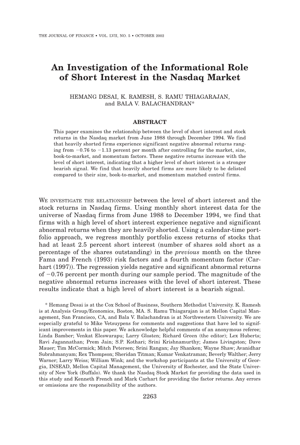 An Investigation of the Informational Role of Short Interest in the Nasdaq Market