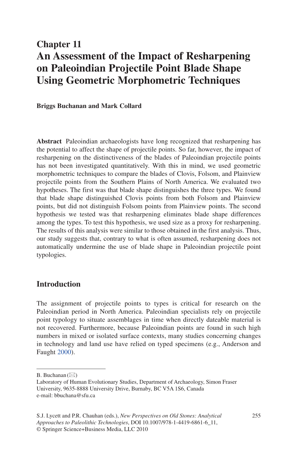 An Assessment of the Impact of Resharpening on Paleoindian Projectile Point Blade Shape Using Geometric Morphometric Techniques