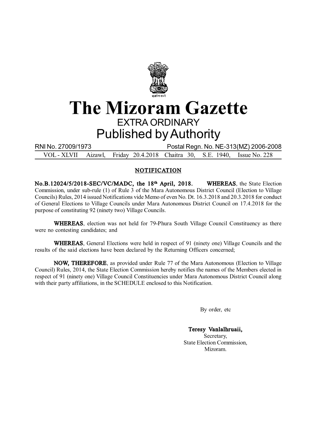 The Mizoram Gazette EXTRA ORDINARY Published by Authority RNI No