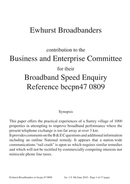 Ewhurst Broadbanders Business and Enterprise Committee Broadband