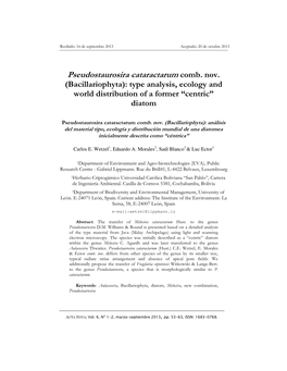 Pseudostaurosira Cataractarum Comb. Nov. (Bacillariophyta): Type Analysis, Ecology and World Distribution of a Former “Centric” Diatom