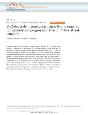 Ets2-Dependent Trophoblast Signalling Is Required for Gastrulation Progression After Primitive Streak Initiation