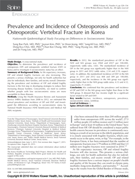 Prevalence and Incidence of Osteoporosis and Osteoporotic Vertebral Fracture in Korea Nationwide Epidemiological Study Focusing on Differences in Socioeconomic Status