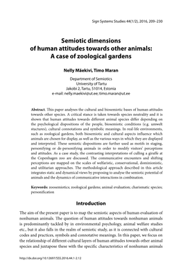 Semiotic Dimensions of Human Attitudes Towards Other Animals: a Case of Zoological Gardens