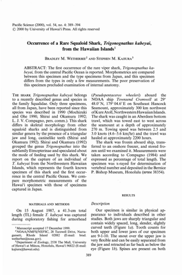 Occurrence of a Rare Squaloid Shark, Trigonognathus Kabeyai, from the Hawaiian Islands L