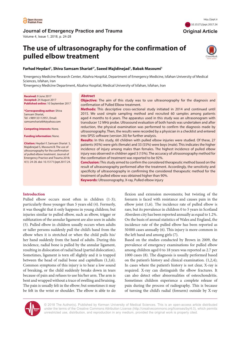 The Use of Ultrasonography for the Confirmation of Pulled Elbow Treatment