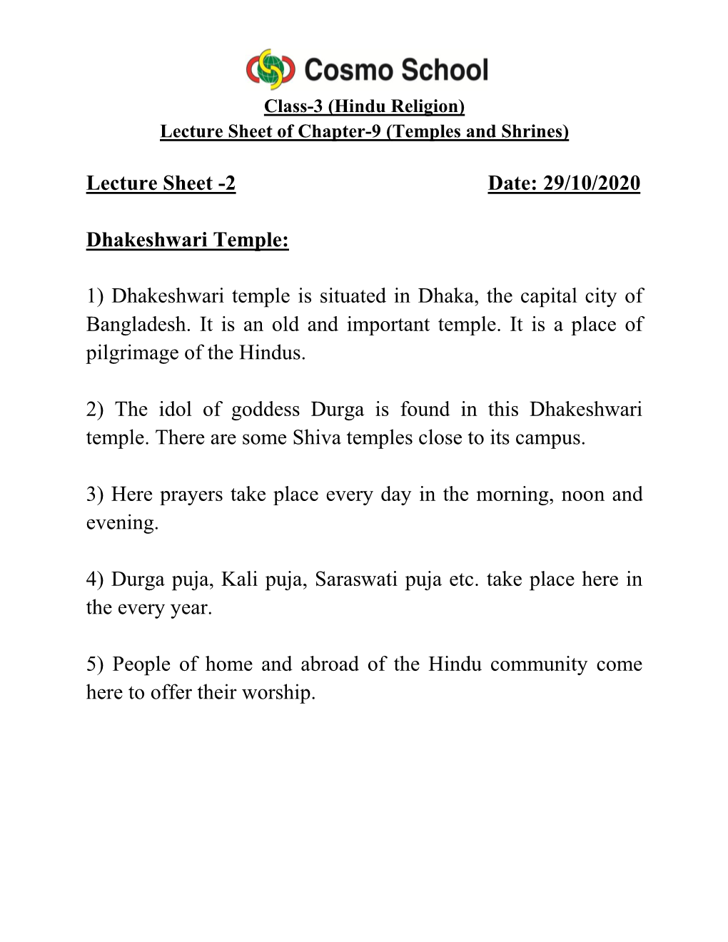 Lecture Sheet -2 Date: 29/10/2020 Dhakeshwari Temple: 1