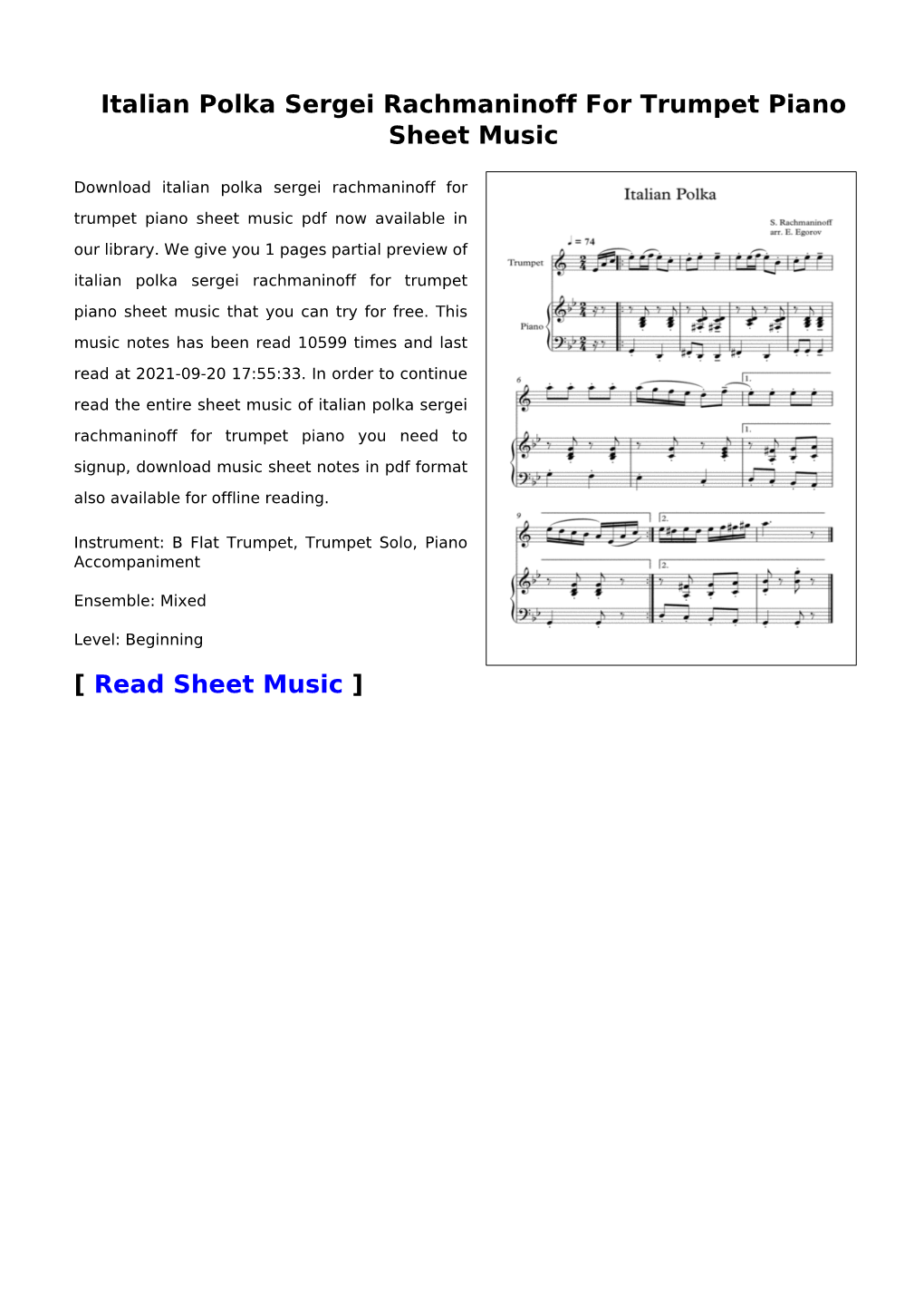 Italian Polka Sergei Rachmaninoff for Trumpet Piano Sheet Music