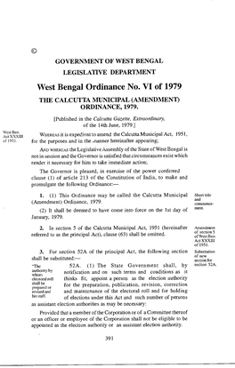 West Bengal Ordinance No. VI of 1979 the CALCUTTA MUNICIPAL (AMENDMENT) ORDINANCE, 1979