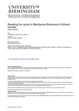 University of Birmingham Reading for Quiet in Marilynne Robinson's