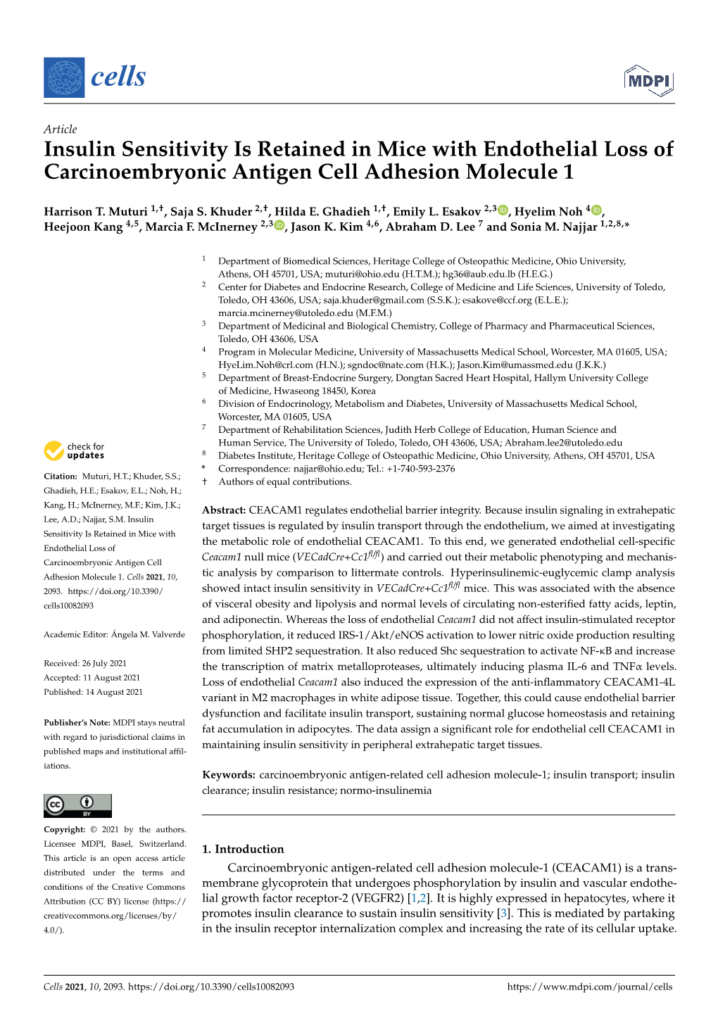 Insulin Sensitivity Is Retained in Mice with Endothelial Loss of Carcinoembryonic Antigen Cell Adhesion Molecule 1