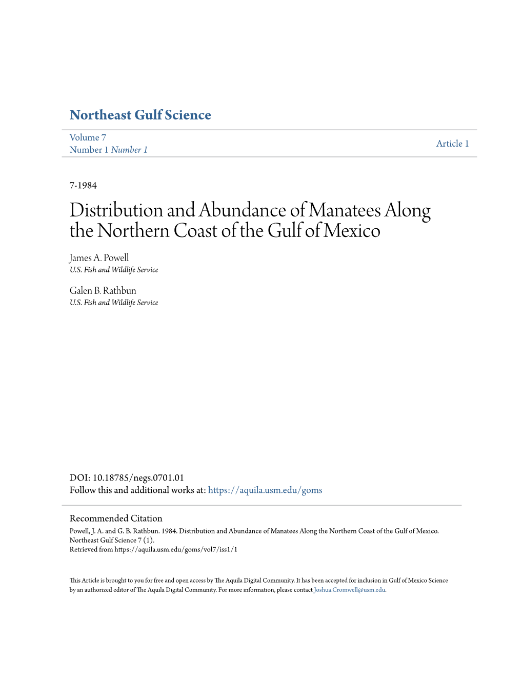 Distribution and Abundance of Manatees Along the Northern Coast of the Gulf of Mexico James A