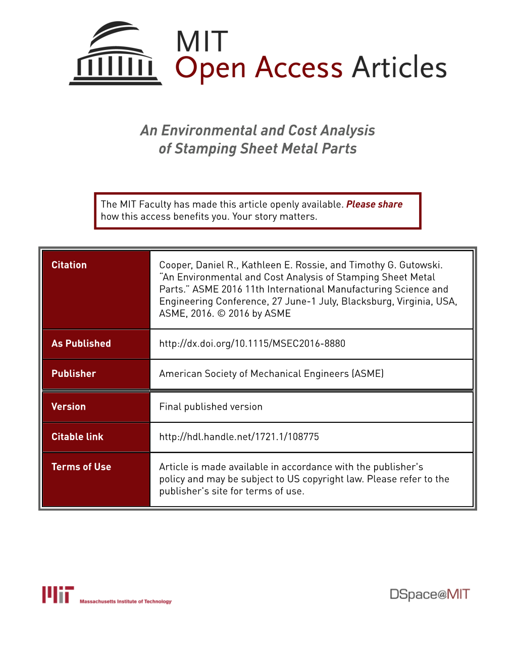 An Environmental and Cost Analysis of Stamping Sheet Metal Parts