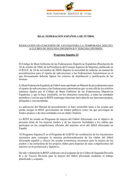 Resolución De Concesión De Ayudas Para La Temporada 2020/2021 a Clubes De Segunda División B Y Tercera División