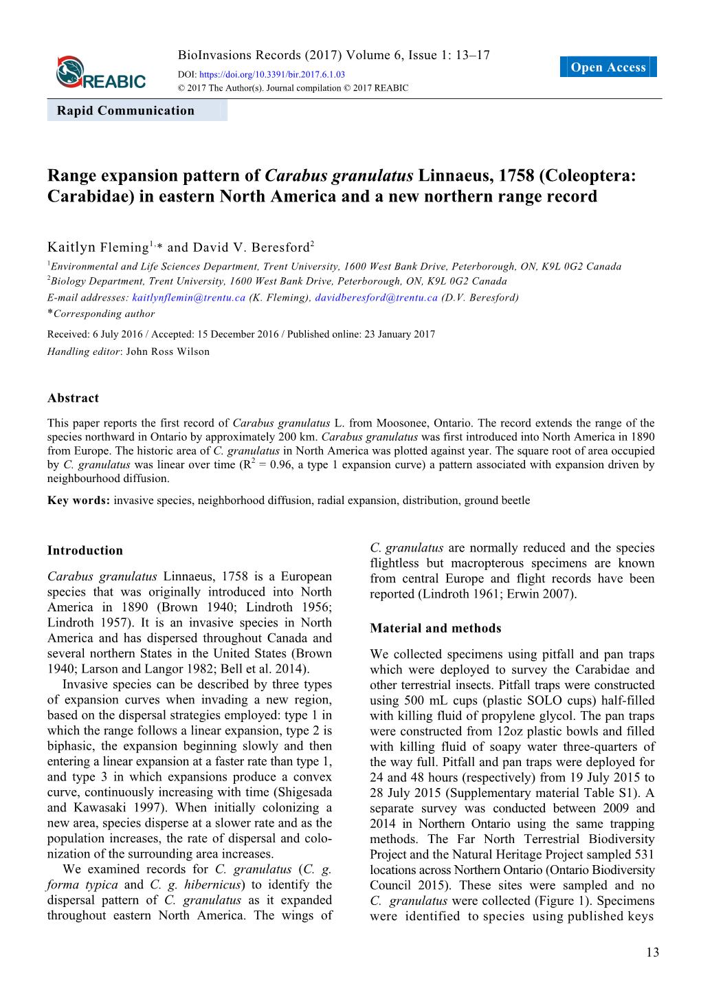 Range Expansion Pattern of Carabus Granulatus Linnaeus, 1758 (Coleoptera: Carabidae) in Eastern North America and a New Northern Range Record