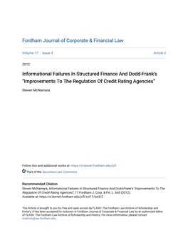 Informational Failures in Structured Finance and Dodd-Frankâ•Žs Â•Œimprovements to the Regulation of Credit Rating Agenc