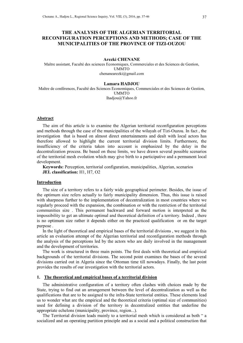 The Analysis of the Algerian Territorial Reconfiguration Perceptions and Methods; Case of the Municipalities of the Province of Tizi-Ouzou