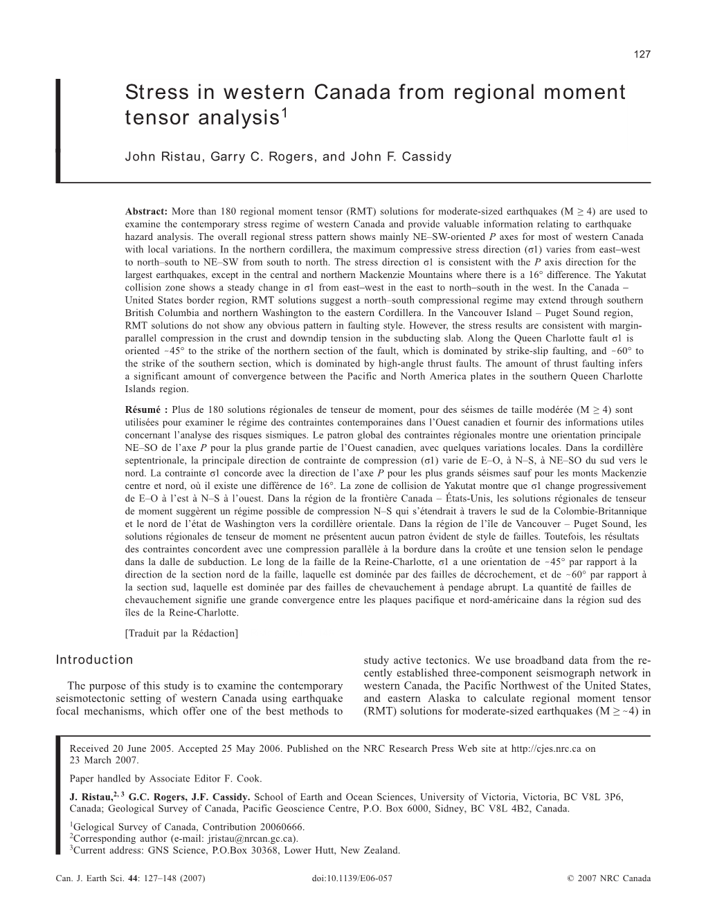 Stress in Western Canada from Regional Moment Tensor Analysis1