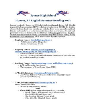 Byrnes High School Honors/AP English Summer Reading 2021