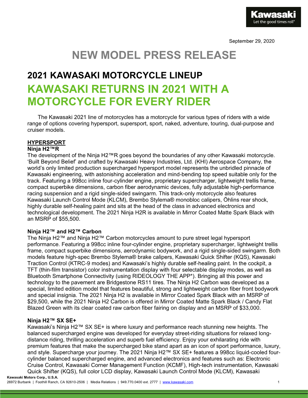 New Model Press Release Kawasaki Returns in 2021