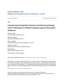 A Randomized, Double-Blind, Placebo-Controlled, Dose-Ranging Trial of Tafenoquine for Weekly Prophylaxis Against Plasmodium Falciparum