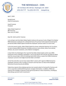 Letter from Jon Schleuss to Alden Global Capital Re Pensions
