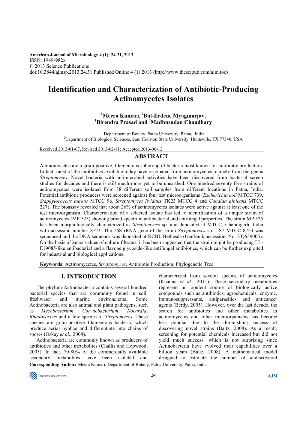 Identification and Characterization of Antibiotic-Producing Actinomycetes Isolates