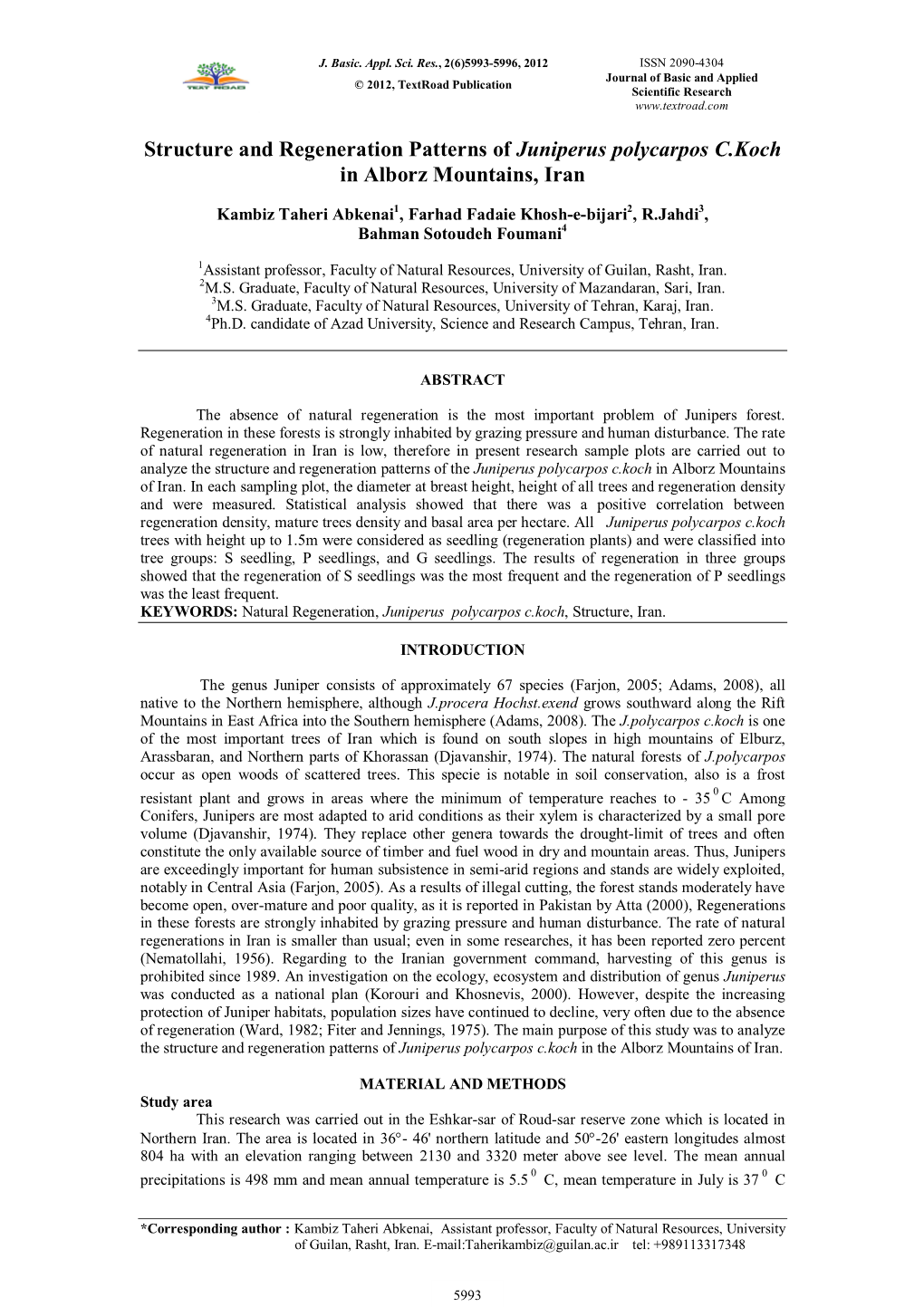 Structure and Regeneration Patterns of Juniperus Polycarpos C.Koch in Alborz Mountains, Iran