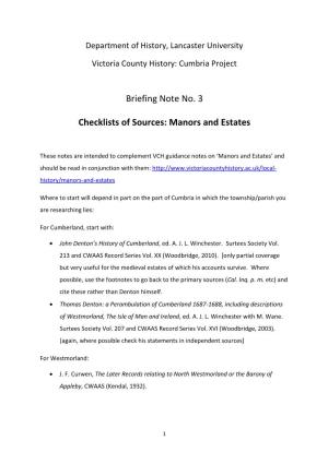 Briefing Note No. 3 Checklists of Sources: Manors and Estates