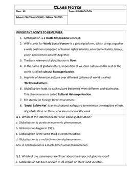 Class Notes Class: XII Topic: GLOBALISATION