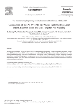 Comparison of Ti-5Al-5V-5Mo-3Cr Welds Performed by Laser Beam, Electron Beam and Gas Tungsten Arc Welding