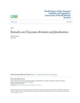 Remarks on Cheyenne Obviation and Pluralization Wayne Leman SIL-UND