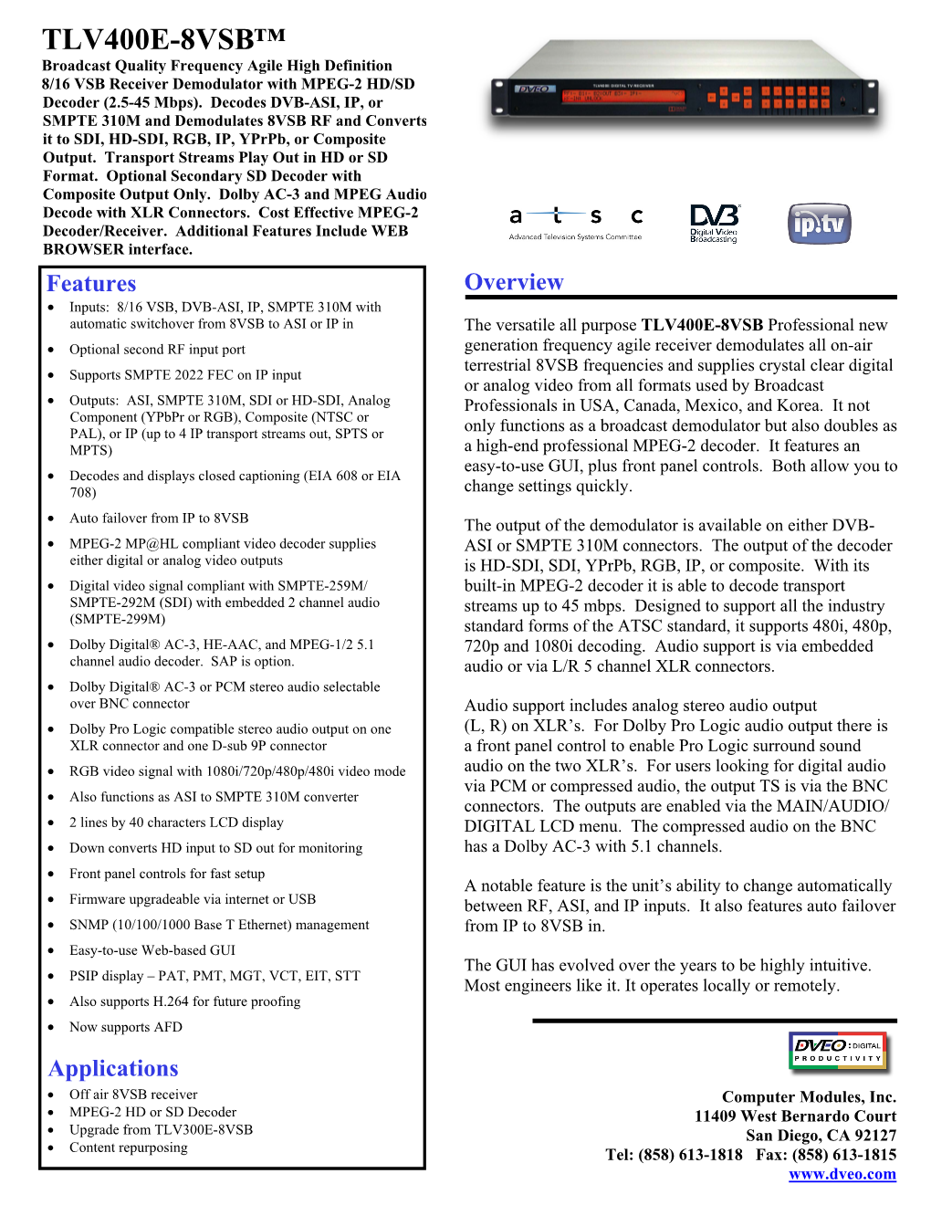 TLV400E 8VSB ATSC-8VSB-To-HDSDI-ASI-Out