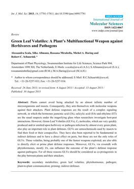 Green Leaf Volatiles: a Plant’S Multifunctional Weapon Against Herbivores and Pathogens