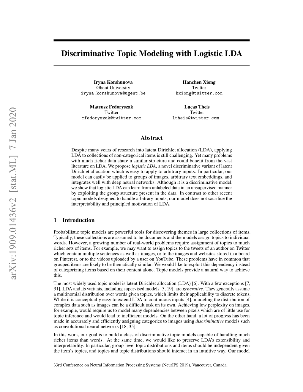 Discriminative Topic Modeling with Logistic LDA