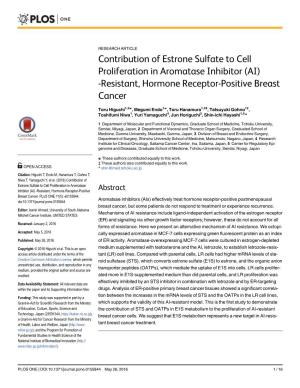 Contribution of Estrone Sulfate to Cell Proliferation in Aromatase Inhibitor (AI) -Resistant, Hormone Receptor-Positive Breast Cancer