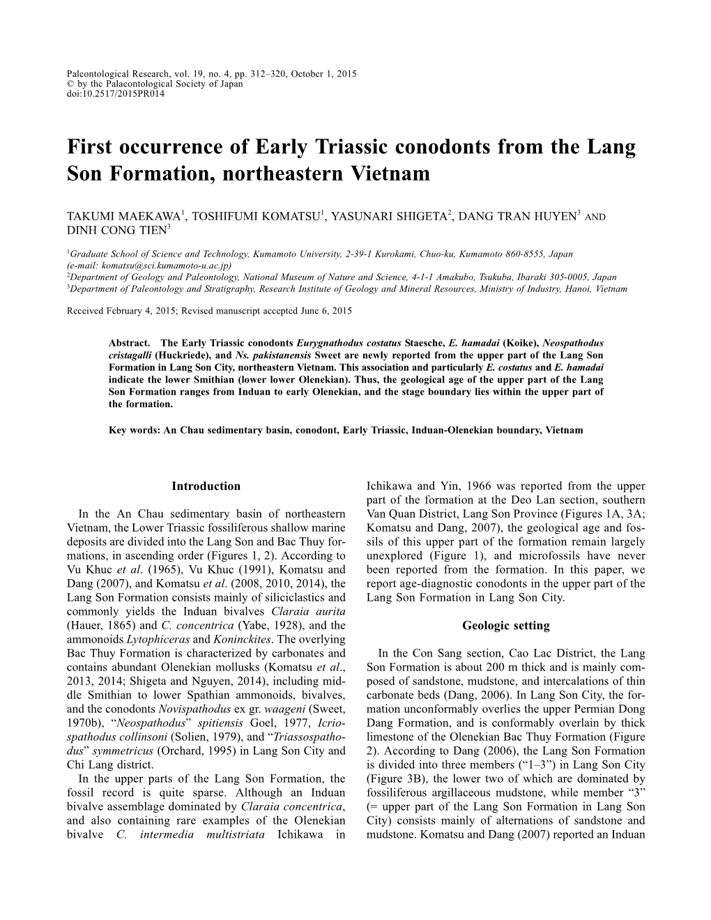 First Occurrence of Early Triassic Conodonts from the Lang Son Formation, Northeastern Vietnam