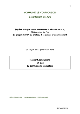 COMMUNE DE COURBOUZON Département Du Jura Rapport