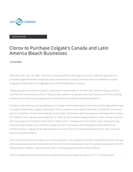 Clorox to Purchase Colgate's Canada and Latin America Bleach Businesses