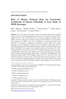 Role of Marine National Park for Sustainable Livelihoods of Artisan Fisherfolk: a Case Study of MNP, Jamnagar