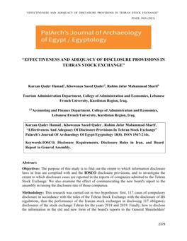 Effectiveness and Adequacy of Disclosure Provisions in Tehran Stock Exchange” Pjaee, 18(8) (2021)