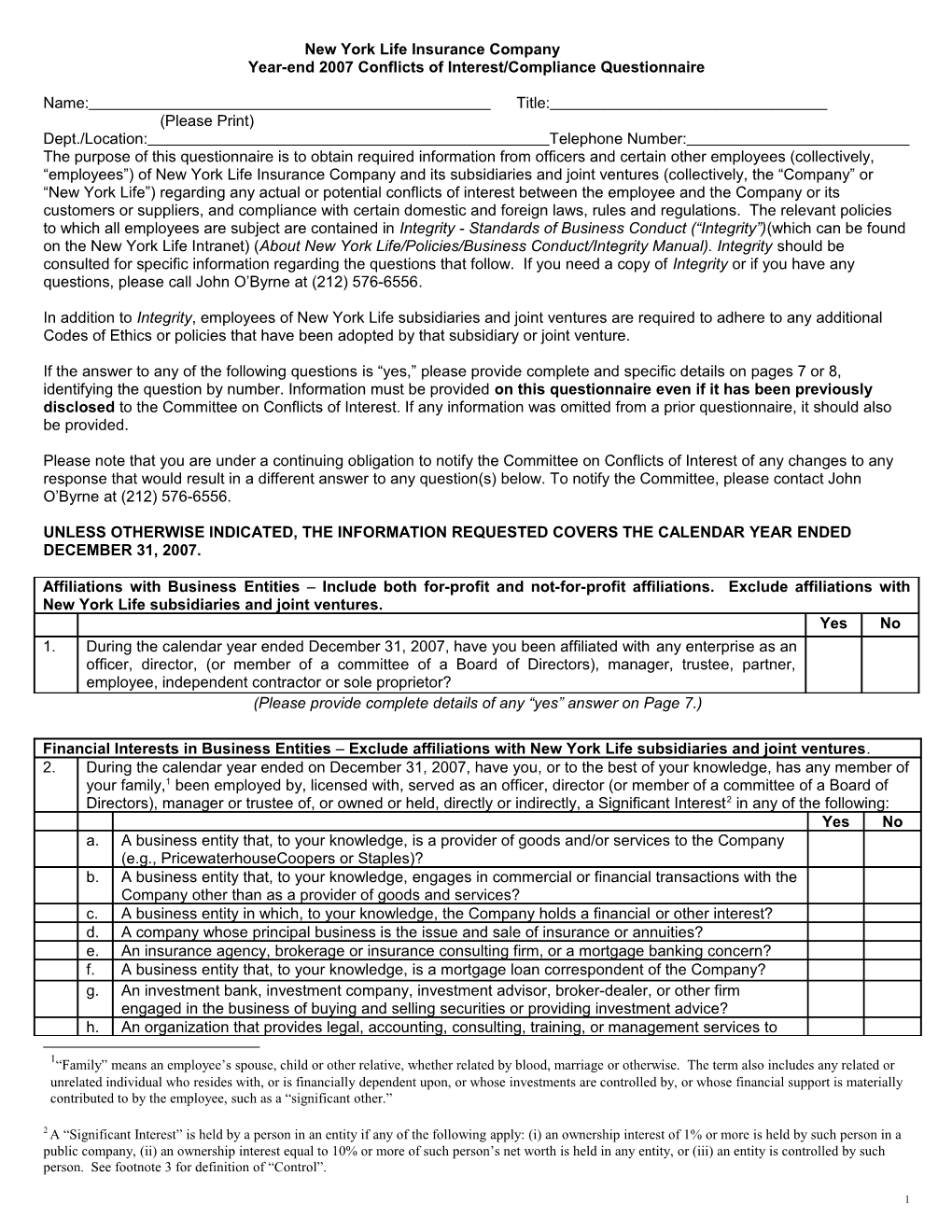 Year-End 2007 Conflicts Of Interest-Compliance Questionnaire