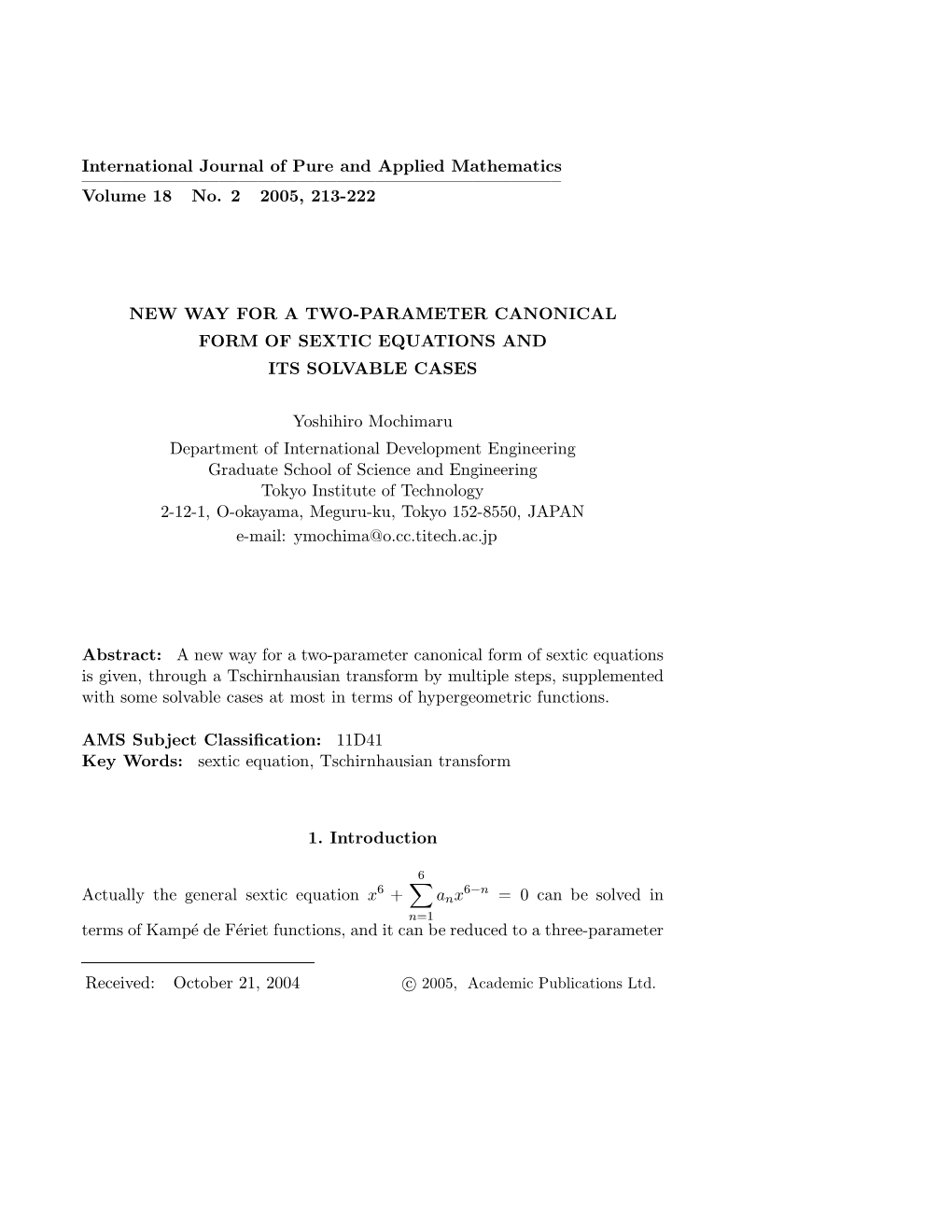 International Journal of Pure and Applied Mathematics ————————————————————————– Volume 18 No