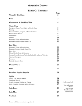 Matsuhisa Denver Table of Contents Page Wines by the Glass 2