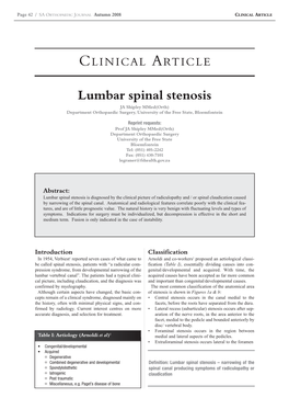 Lumbar Spinal Stenosis JA Shipley Mmed(Orth) Department Orthopaedic Surgery, University of the Free State, Bloemfontein