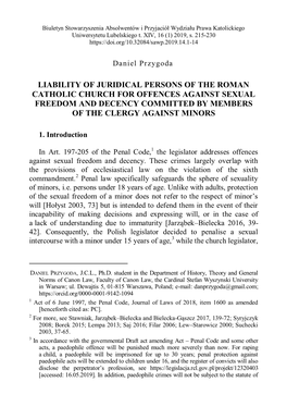 Liability of Juridical Persons of the Roman Catholic Church for Offences Against Sexual Freedom and Decency Committed by Members of the Clergy Against Minors