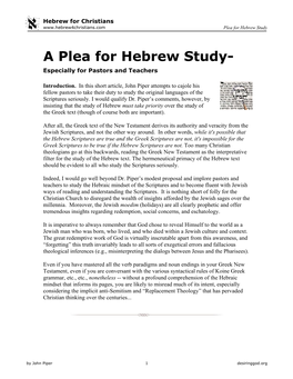 A Plea for Hebrew Study- Especially for Pastors and Teachers