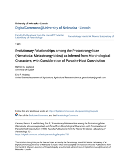 Nematoda: Metastrongyloidea) As Inferred from Morphological Characters, with Consideration of Parasite-Host Coevolution