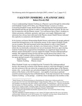 VALENTIN TOMBERG: a PLATONIC SOUL Robert Powell, Phd